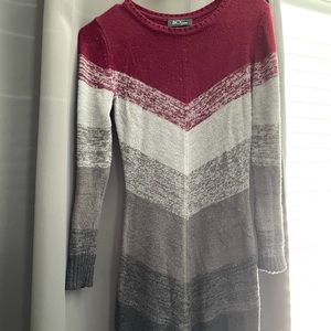 Red, gray, and black patterned long sleeve dress
